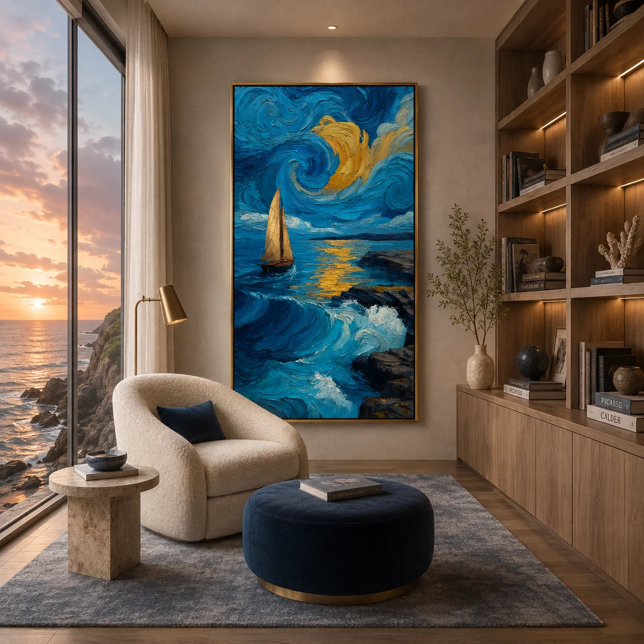 Ownanart Hand-Painted Blue & Gold Starry Night Seascape Oil Painting | Modern Impressionist Sailboat, Swirling Sky, Mountain & Ocean Wave Textured Wall Art for Living Room and Bedroom # OA 1348