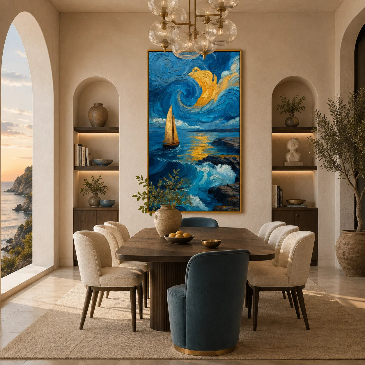 Ownanart Hand-Painted Blue & Gold Starry Night Seascape Oil Painting | Modern Impressionist Sailboat, Swirling Sky, Mountain & Ocean Wave Textured Wall Art for Living Room and Bedroom # OA 1348