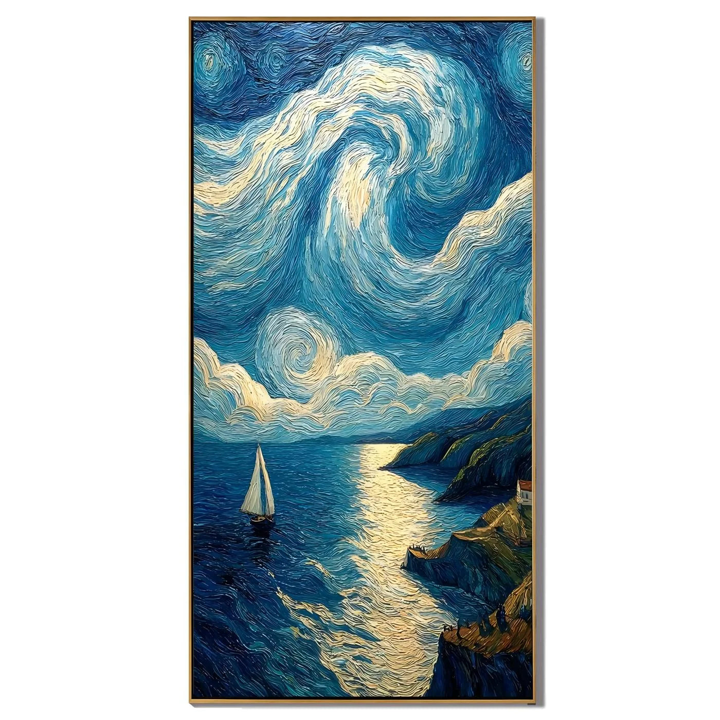 Ownanart Hand-Painted Blue & Gold Starry Coastal Sailboat Oil Painting | Modern Impressionist Swirling Sky, Moonlit Ocean & Textured Seascape Wall Art for Living Room and Bedroom # OA 1349