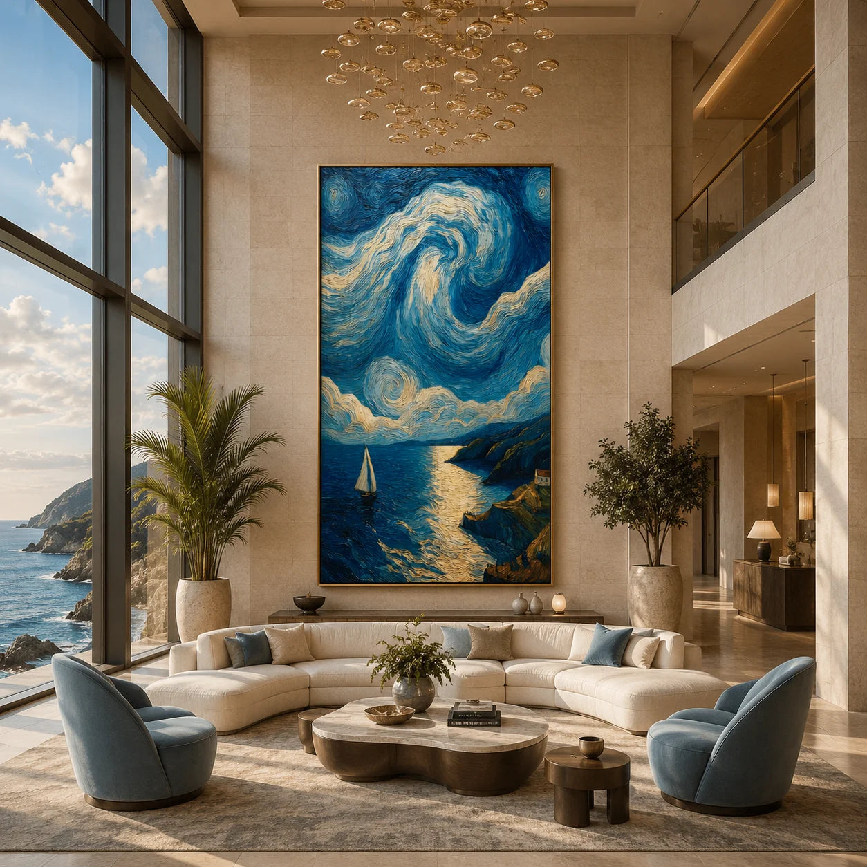 Ownanart Hand-Painted Blue & Gold Starry Coastal Sailboat Oil Painting | Modern Impressionist Swirling Sky, Moonlit Ocean & Textured Seascape Wall Art for Living Room and Bedroom # OA 1349
