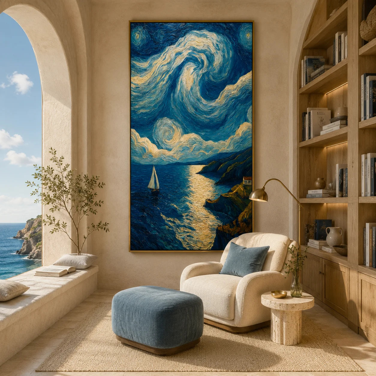 Ownanart Hand-Painted Blue & Gold Starry Coastal Sailboat Oil Painting | Modern Impressionist Swirling Sky, Moonlit Ocean & Textured Seascape Wall Art for Living Room and Bedroom # OA 1349