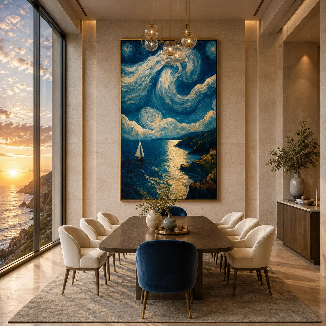 Ownanart Hand-Painted Blue & Gold Starry Coastal Sailboat Oil Painting | Modern Impressionist Swirling Sky, Moonlit Ocean & Textured Seascape Wall Art for Living Room and Bedroom # OA 1349