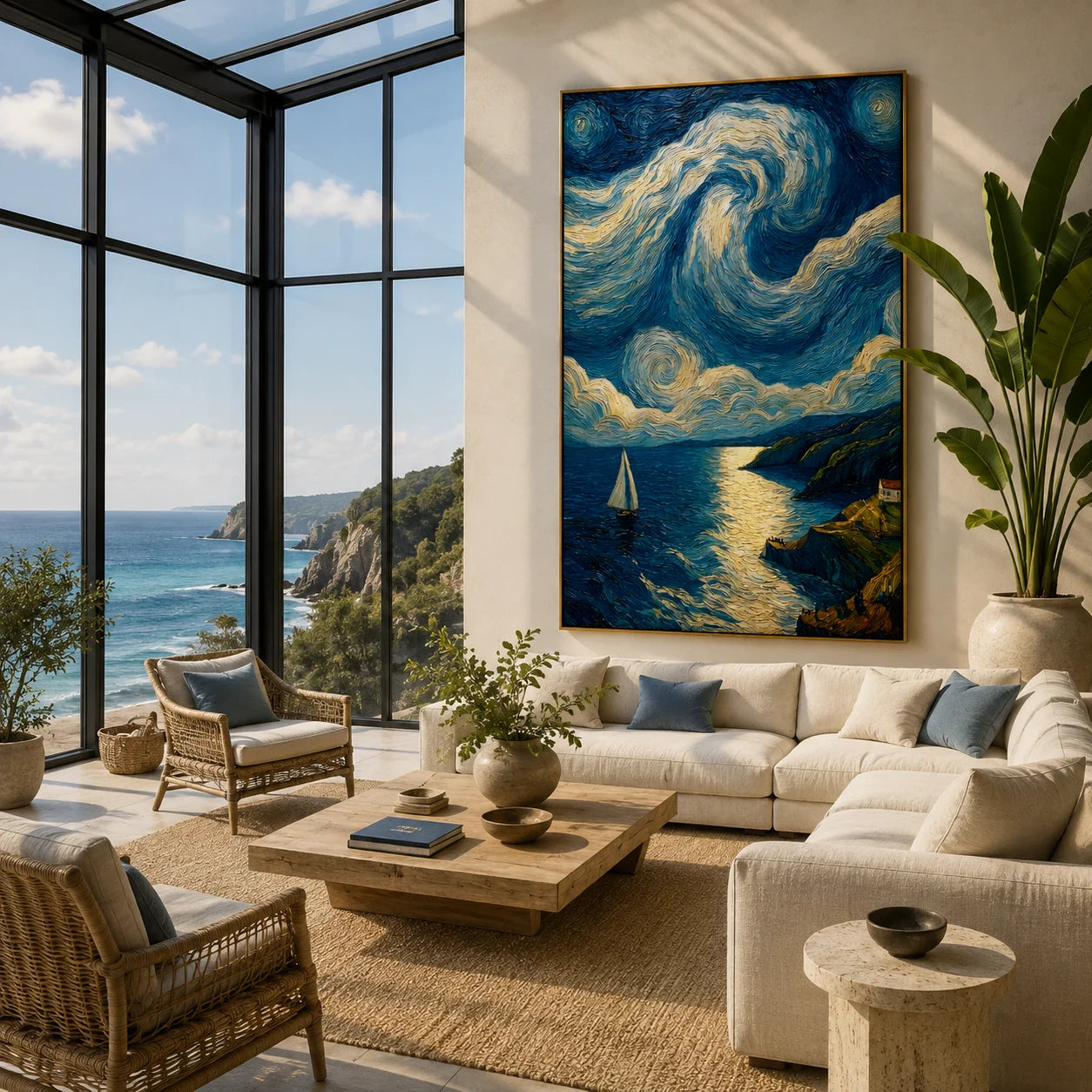 Ownanart Hand-Painted Blue & Gold Starry Coastal Sailboat Oil Painting | Modern Impressionist Swirling Sky, Moonlit Ocean & Textured Seascape Wall Art for Living Room and Bedroom # OA 1349