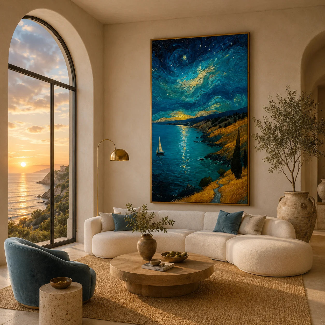 Ownanart Hand-Painted Blue & Gold Starry Night Coastal Sailboat Oil Painting | Modern Impressionist Swirling Sky, Moonlit Sea & Golden Cliff Textured Seascape Wall Art for Living Room and Bedroom # OA 1350
