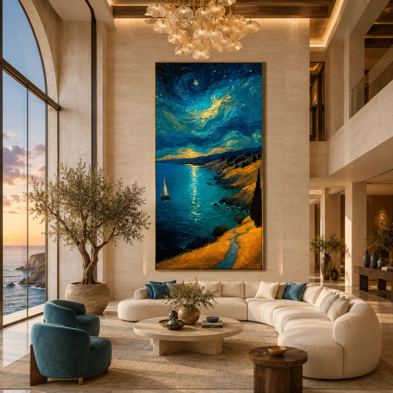 Ownanart Hand-Painted Blue & Gold Starry Night Coastal Sailboat Oil Painting | Modern Impressionist Swirling Sky, Moonlit Sea & Golden Cliff Textured Seascape Wall Art for Living Room and Bedroom # OA 1350