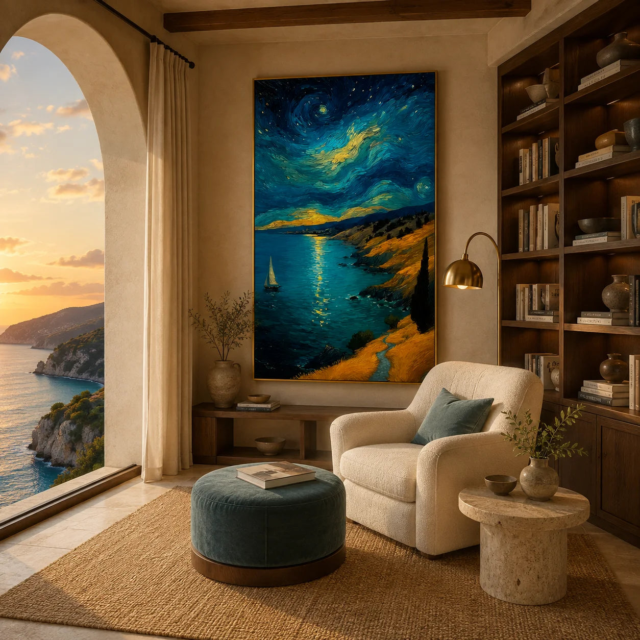 Ownanart Hand-Painted Blue & Gold Starry Night Coastal Sailboat Oil Painting | Modern Impressionist Swirling Sky, Moonlit Sea & Golden Cliff Textured Seascape Wall Art for Living Room and Bedroom # OA 1350