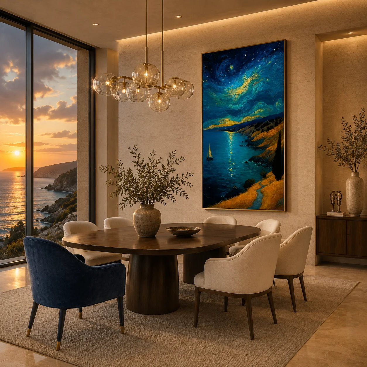 Ownanart Hand-Painted Blue & Gold Starry Night Coastal Sailboat Oil Painting | Modern Impressionist Swirling Sky, Moonlit Sea & Golden Cliff Textured Seascape Wall Art for Living Room and Bedroom # OA 1350
