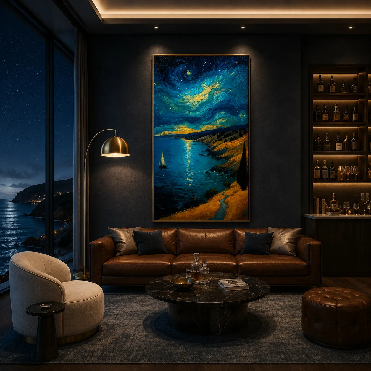 Ownanart Hand-Painted Blue & Gold Starry Night Coastal Sailboat Oil Painting | Modern Impressionist Swirling Sky, Moonlit Sea & Golden Cliff Textured Seascape Wall Art for Living Room and Bedroom # OA 1350