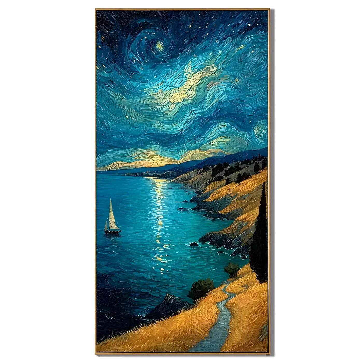 Ownanart Hand-Painted Blue & Gold Starry Night Coastal Sailboat Oil Painting | Modern Impressionist Swirling Sky, Moonlit Sea & Golden Cliff Textured Seascape Wall Art for Living Room and Bedroom # OA 1350
