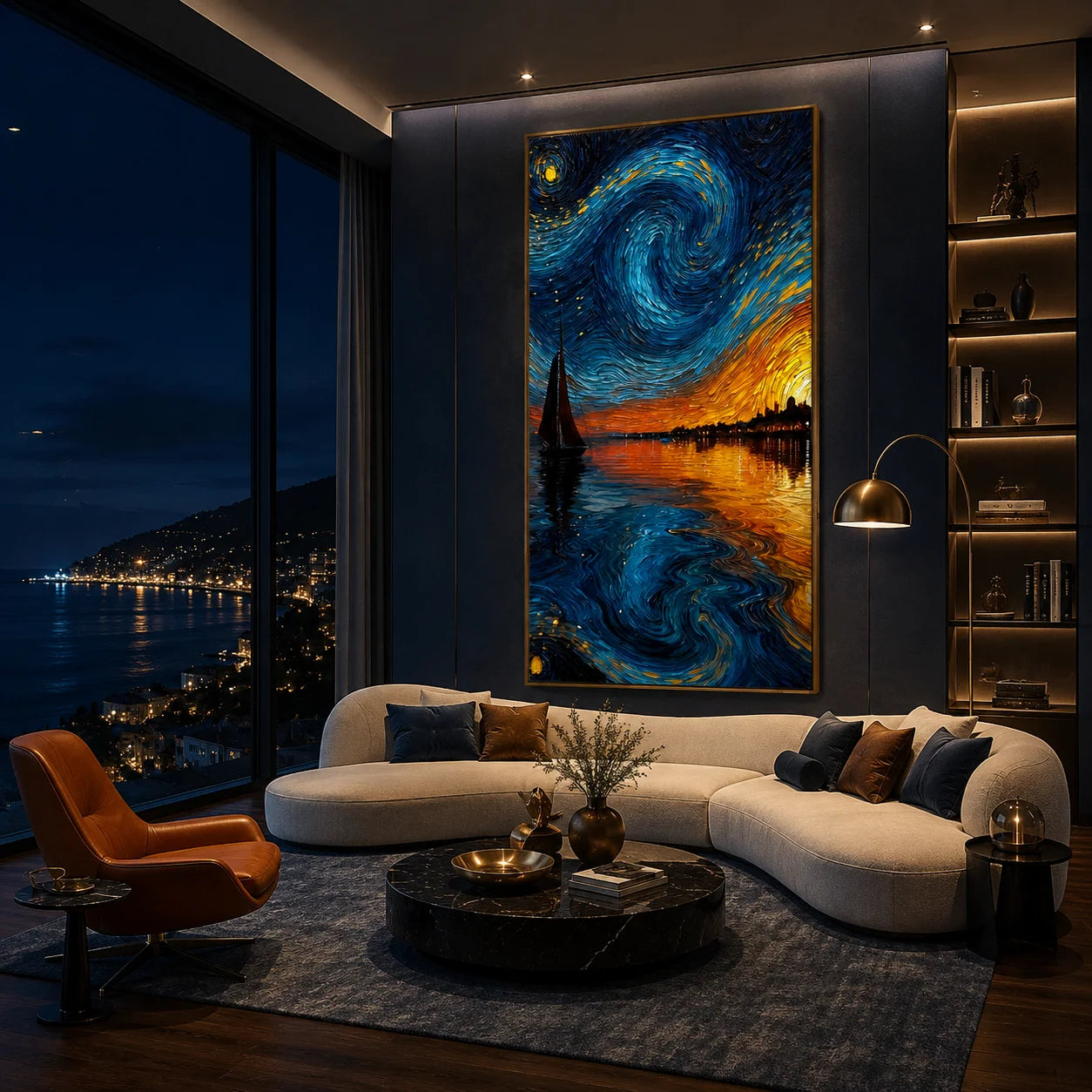 Ownanart Hand-Painted Blue & Gold Starry Night Sunset Sailboat Oil Painting | Modern Impressionist Swirling Sky, Golden Seascape & Coastal City Textured Wall Art for Living Room and Bedroom # OA 1351