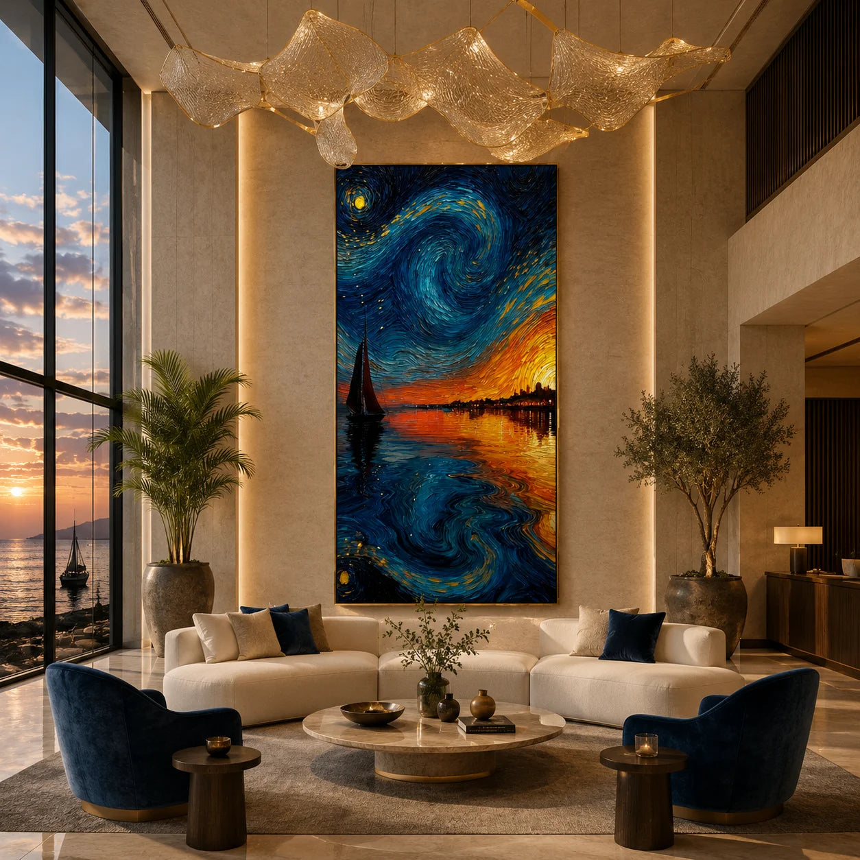 Ownanart Hand-Painted Blue & Gold Starry Night Sunset Sailboat Oil Painting | Modern Impressionist Swirling Sky, Golden Seascape & Coastal City Textured Wall Art for Living Room and Bedroom # OA 1351