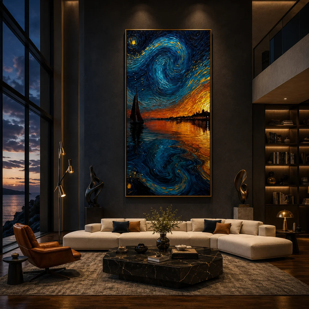 Ownanart Hand-Painted Blue & Gold Starry Night Sunset Sailboat Oil Painting | Modern Impressionist Swirling Sky, Golden Seascape & Coastal City Textured Wall Art for Living Room and Bedroom # OA 1351