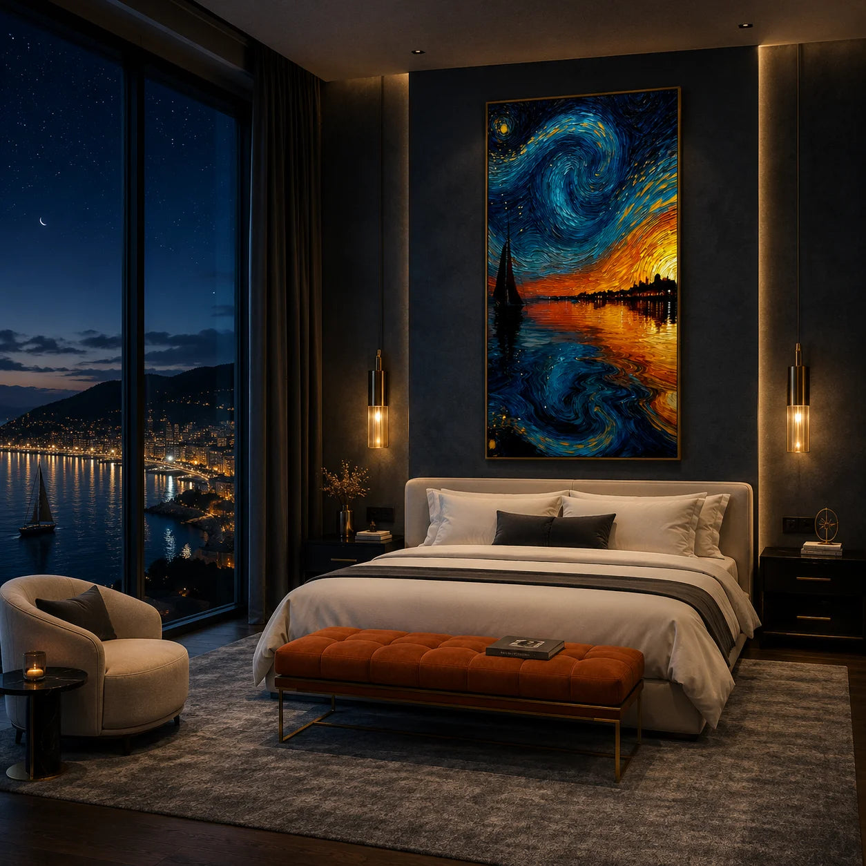 Ownanart Hand-Painted Blue & Gold Starry Night Sunset Sailboat Oil Painting | Modern Impressionist Swirling Sky, Golden Seascape & Coastal City Textured Wall Art for Living Room and Bedroom # OA 1351
