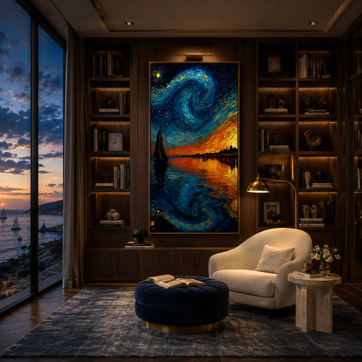 Ownanart Hand-Painted Blue & Gold Starry Night Sunset Sailboat Oil Painting | Modern Impressionist Swirling Sky, Golden Seascape & Coastal City Textured Wall Art for Living Room and Bedroom # OA 1351