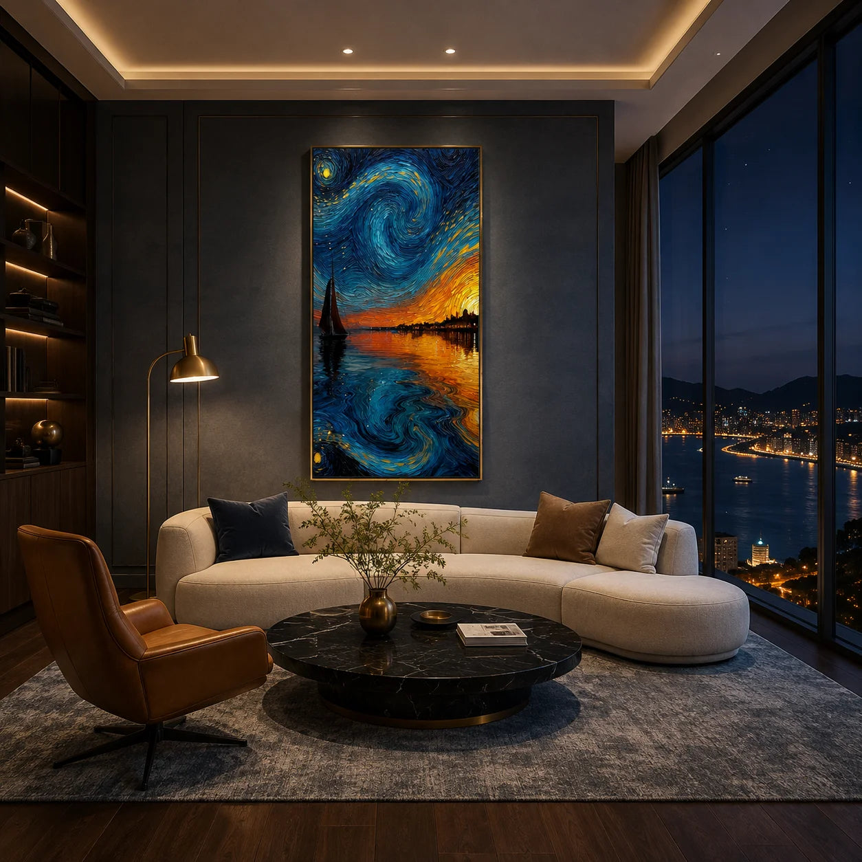 Ownanart Hand-Painted Blue & Gold Starry Night Sunset Sailboat Oil Painting | Modern Impressionist Swirling Sky, Golden Seascape & Coastal City Textured Wall Art for Living Room and Bedroom # OA 1351