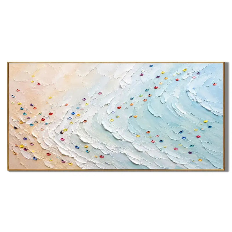 Ownanart Hand-Painted Coastal Ocean Wave Textured Oil Painting – Pastel Blue Sea Waves, Soft Beige Sandy Beach and Colorful Impasto Abstract Seascape Wall Art for Modern Living Room