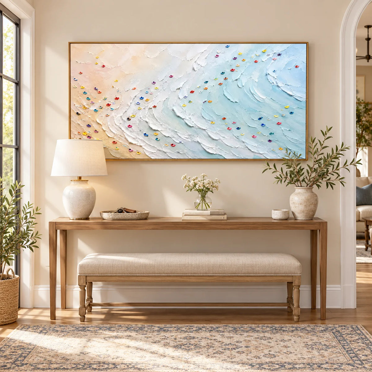 Ownanart Hand-Painted Coastal Ocean Wave Textured Oil Painting – Pastel Blue Sea Waves, Soft Beige Sandy Beach and Colorful Impasto Abstract Seascape Wall Art for Modern Living Room