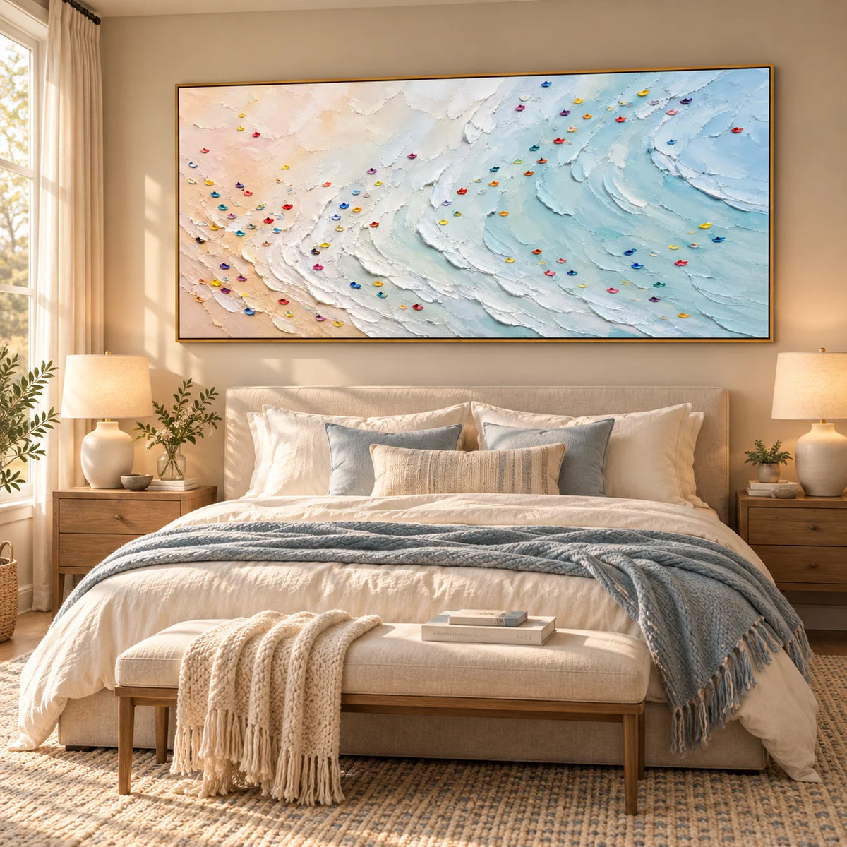 Ownanart Hand-Painted Coastal Ocean Wave Textured Oil Painting – Pastel Blue Sea Waves, Soft Beige Sandy Beach and Colorful Impasto Abstract Seascape Wall Art for Modern Living Room