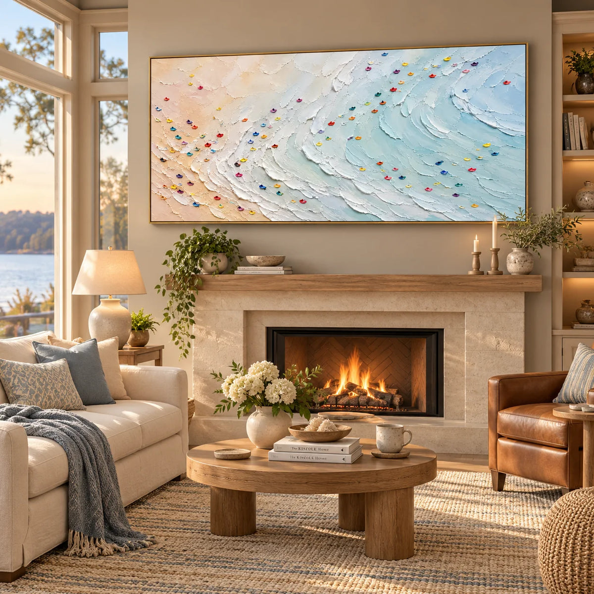 Ownanart Hand-Painted Coastal Ocean Wave Textured Oil Painting – Pastel Blue Sea Waves, Soft Beige Sandy Beach and Colorful Impasto Abstract Seascape Wall Art for Modern Living Room