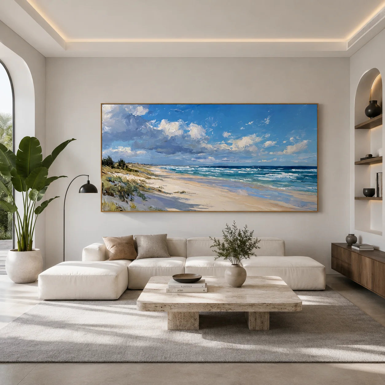 Ownanart Hand-Painted Coastal Seascape Oil Painting – Blue Sky, White Clouds, Ocean Waves and Sandy Beach Panoramic Wall Art # OA 1244