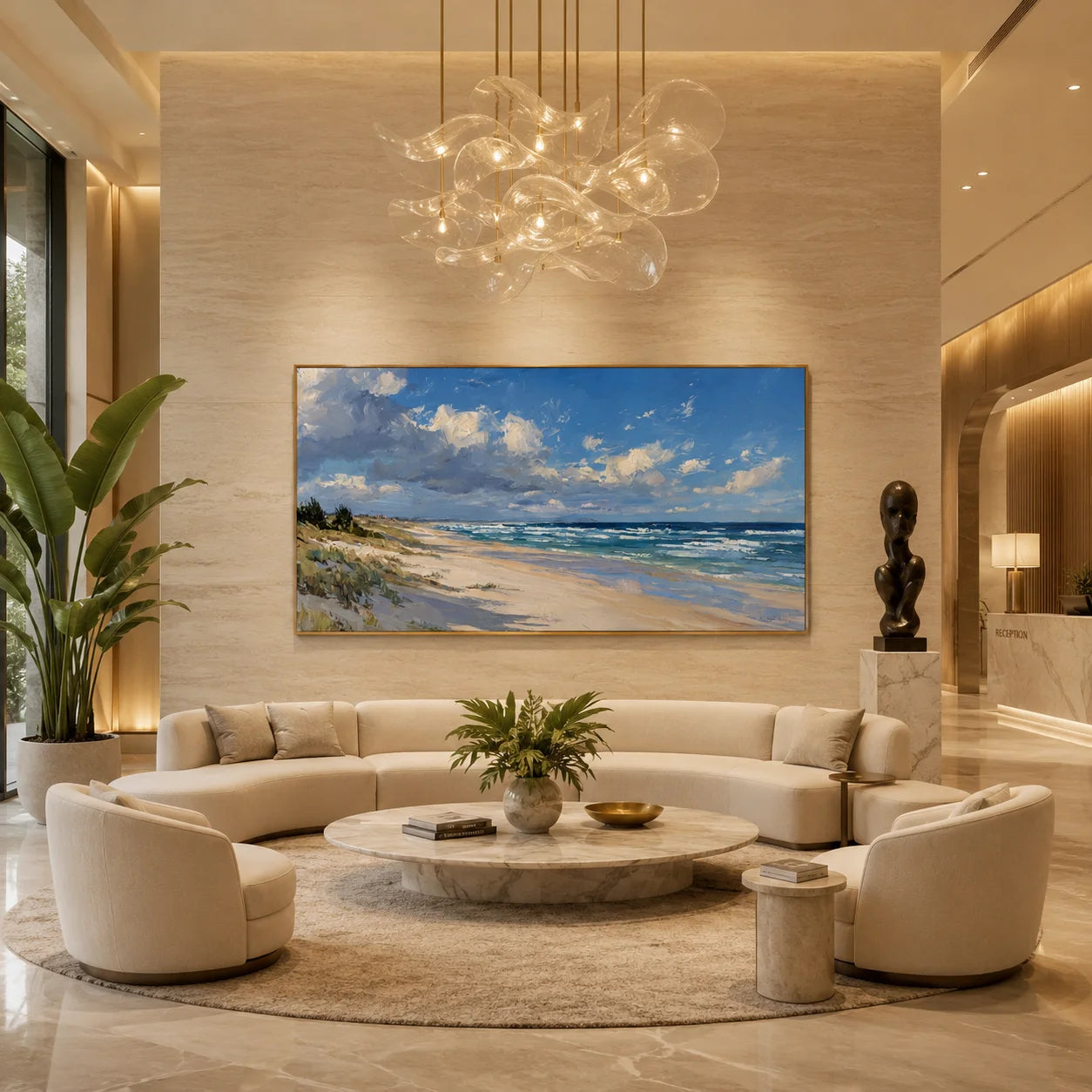 Ownanart Hand-Painted Coastal Seascape Oil Painting – Blue Sky, White Clouds, Ocean Waves and Sandy Beach Panoramic Wall Art # OA 1244