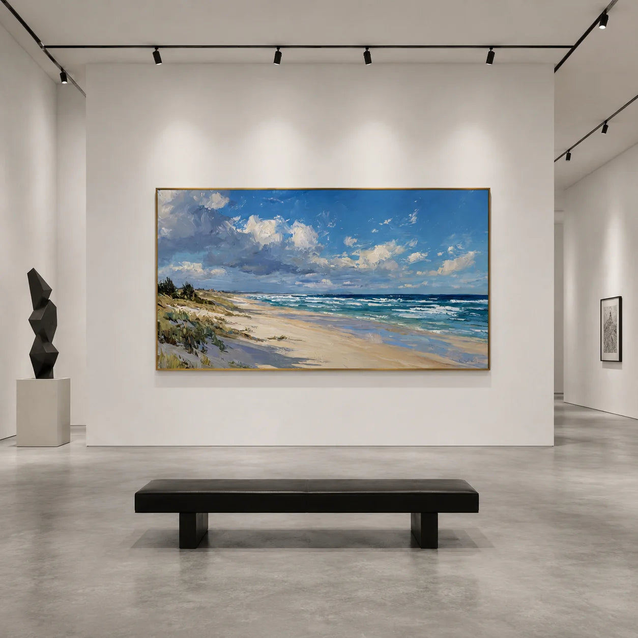 Ownanart Hand-Painted Coastal Seascape Oil Painting – Blue Sky, White Clouds, Ocean Waves and Sandy Beach Panoramic Wall Art # OA 1244