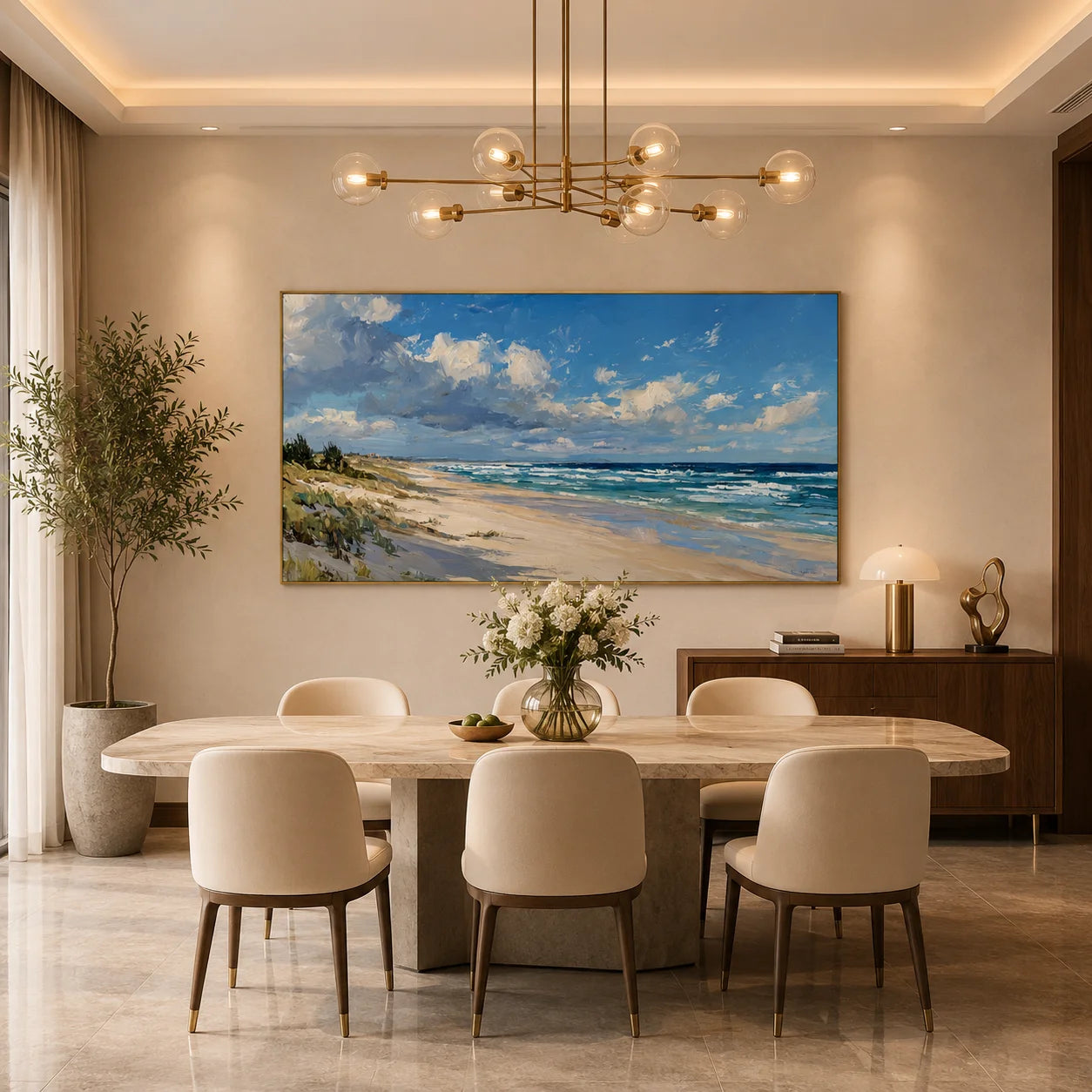 Ownanart Hand-Painted Coastal Seascape Oil Painting – Blue Sky, White Clouds, Ocean Waves and Sandy Beach Panoramic Wall Art # OA 1244
