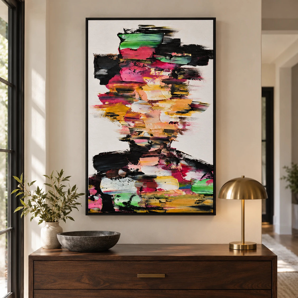 Ownanart Hand-Painted Colorful Abstract Faceless Portrait in Pink Green and Gold Oil Painting – Modern Figurative Art, 3D Textured Vertical Impasto Canvas Wall Art for Living Room Bedroom Entryway and Office #OA 1586