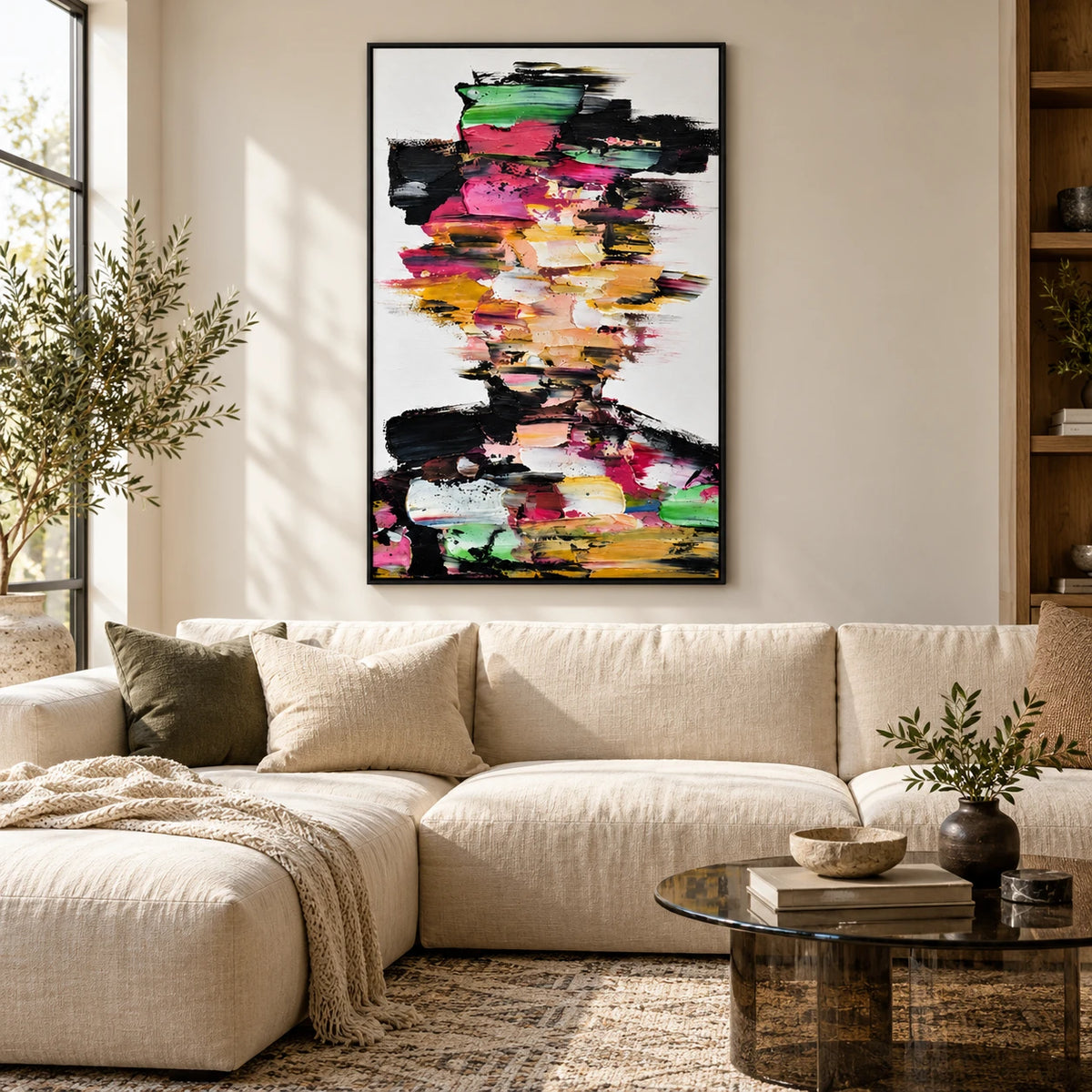 Ownanart Hand-Painted Colorful Abstract Faceless Portrait in Pink Green and Gold Oil Painting – Modern Figurative Art, 3D Textured Vertical Impasto Canvas Wall Art for Living Room Bedroom Entryway and Office #OA 1586