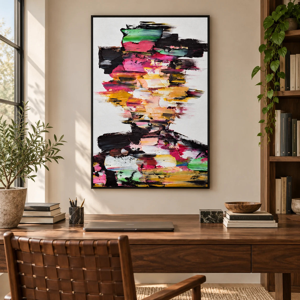 Ownanart Hand-Painted Colorful Abstract Faceless Portrait in Pink Green and Gold Oil Painting – Modern Figurative Art, 3D Textured Vertical Impasto Canvas Wall Art for Living Room Bedroom Entryway and Office #OA 1586