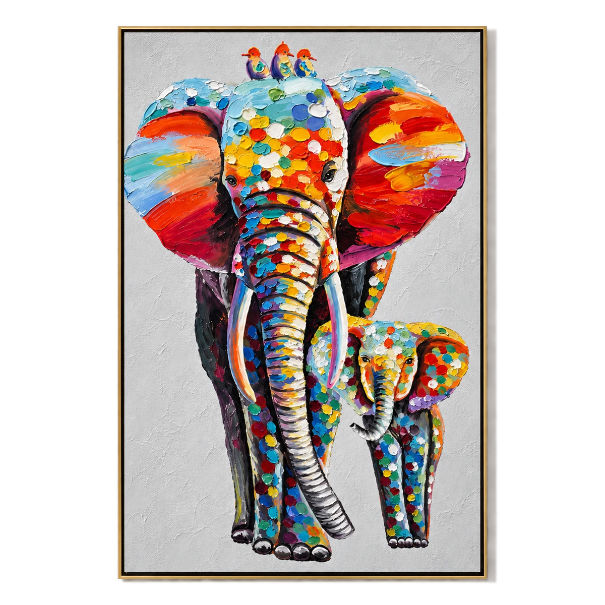 Ownanart Hand-Painted Colorful Mother and Baby Elephant with Three Birds Oil Painting – Modern Animal Art, 3D Textured Vertical Impasto Canvas Wall Art for Living Room Bedroom Entryway and Office #OA 1587