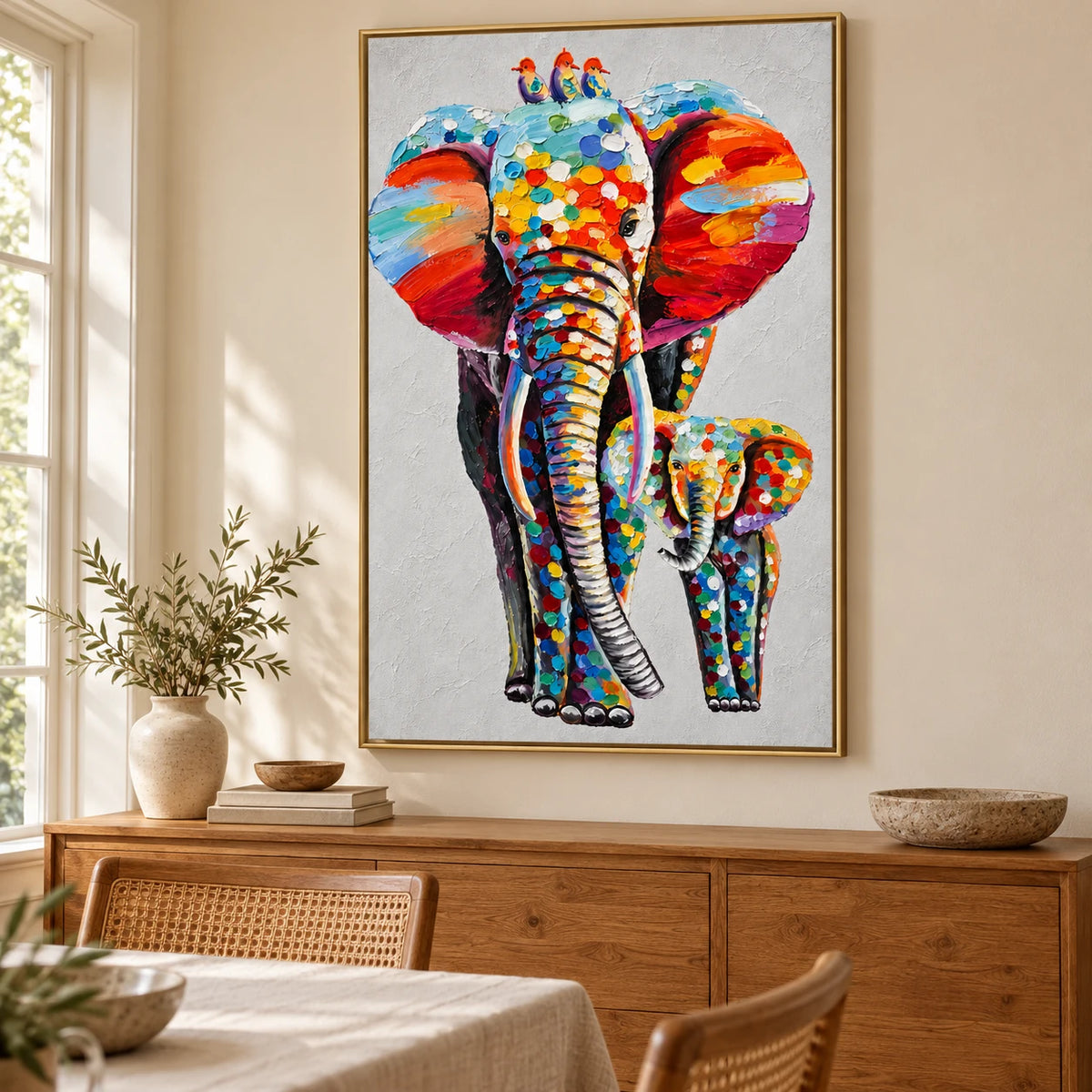 Ownanart Hand-Painted Colorful Mother and Baby Elephant with Three Birds Oil Painting – Modern Animal Art, 3D Textured Vertical Impasto Canvas Wall Art for Living Room Bedroom Entryway and Office #OA 1587
