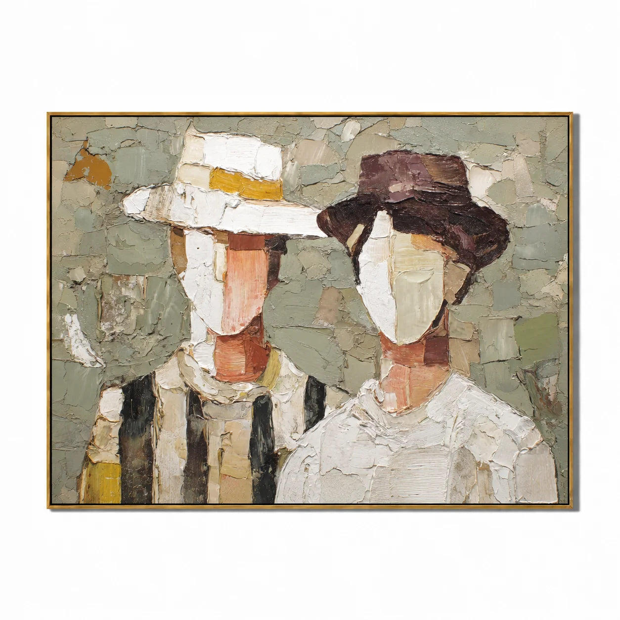 Hand-Painted Couple Hat Portrait Oil Painting | Modern Abstract Figurative Wall Art with Textured Minimalist Style#OA1025