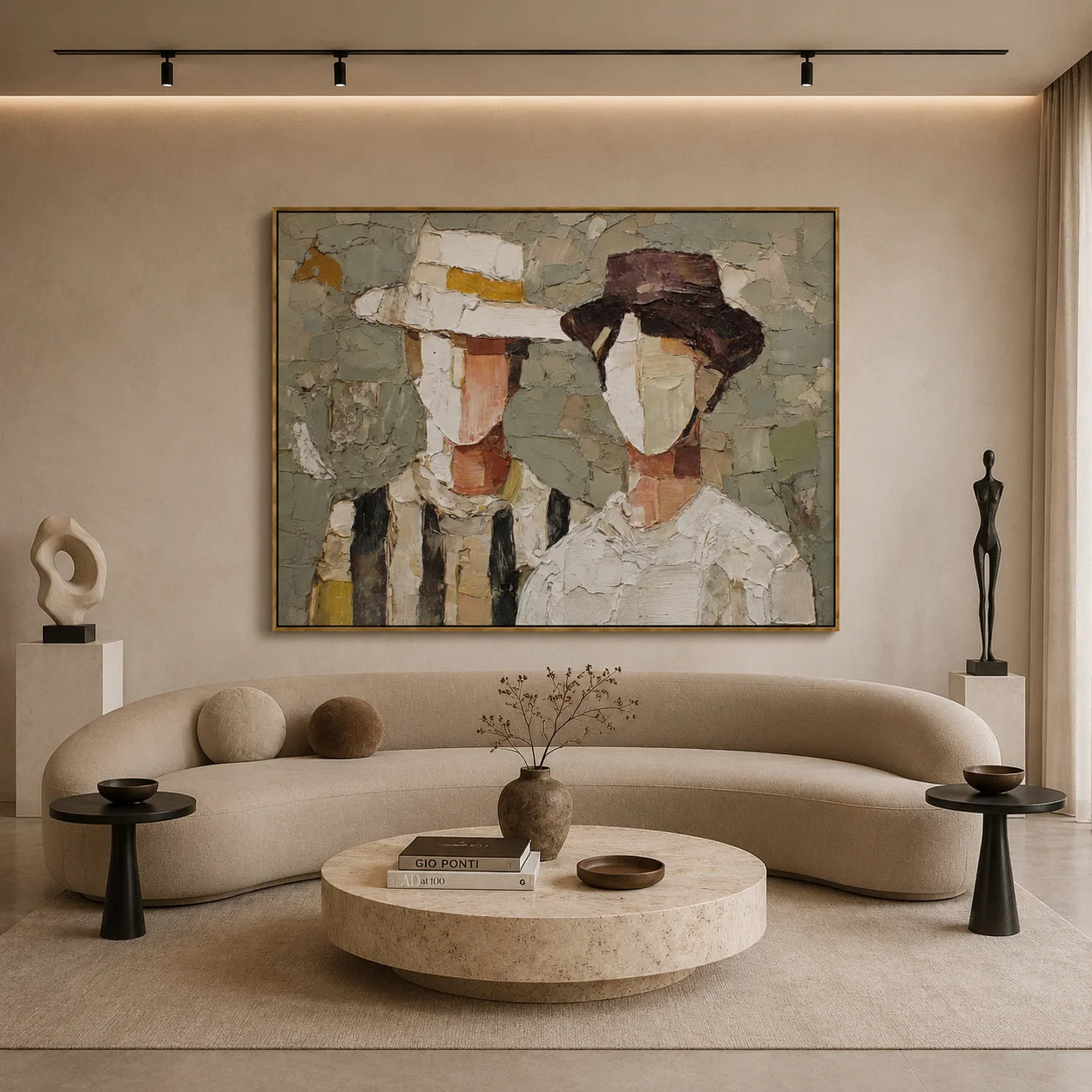 Hand-Painted Couple Hat Portrait Oil Painting | Modern Abstract Figurative Wall Art with Textured Minimalist Style#OA1025