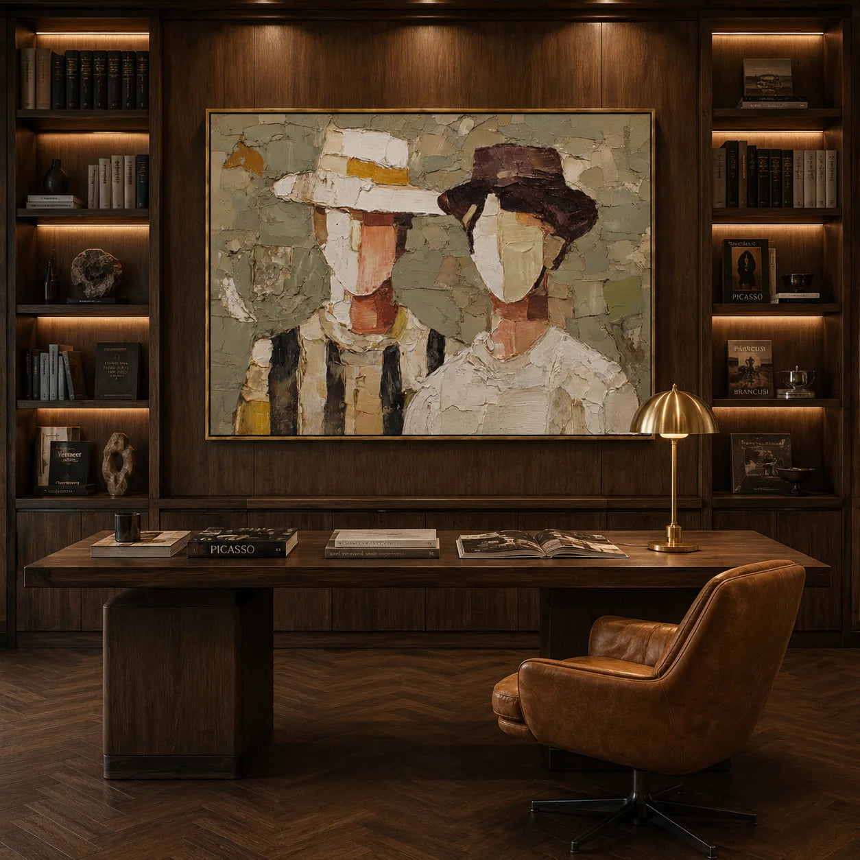 Hand-Painted Couple Hat Portrait Oil Painting | Modern Abstract Figurative Wall Art with Textured Minimalist Style#OA1025