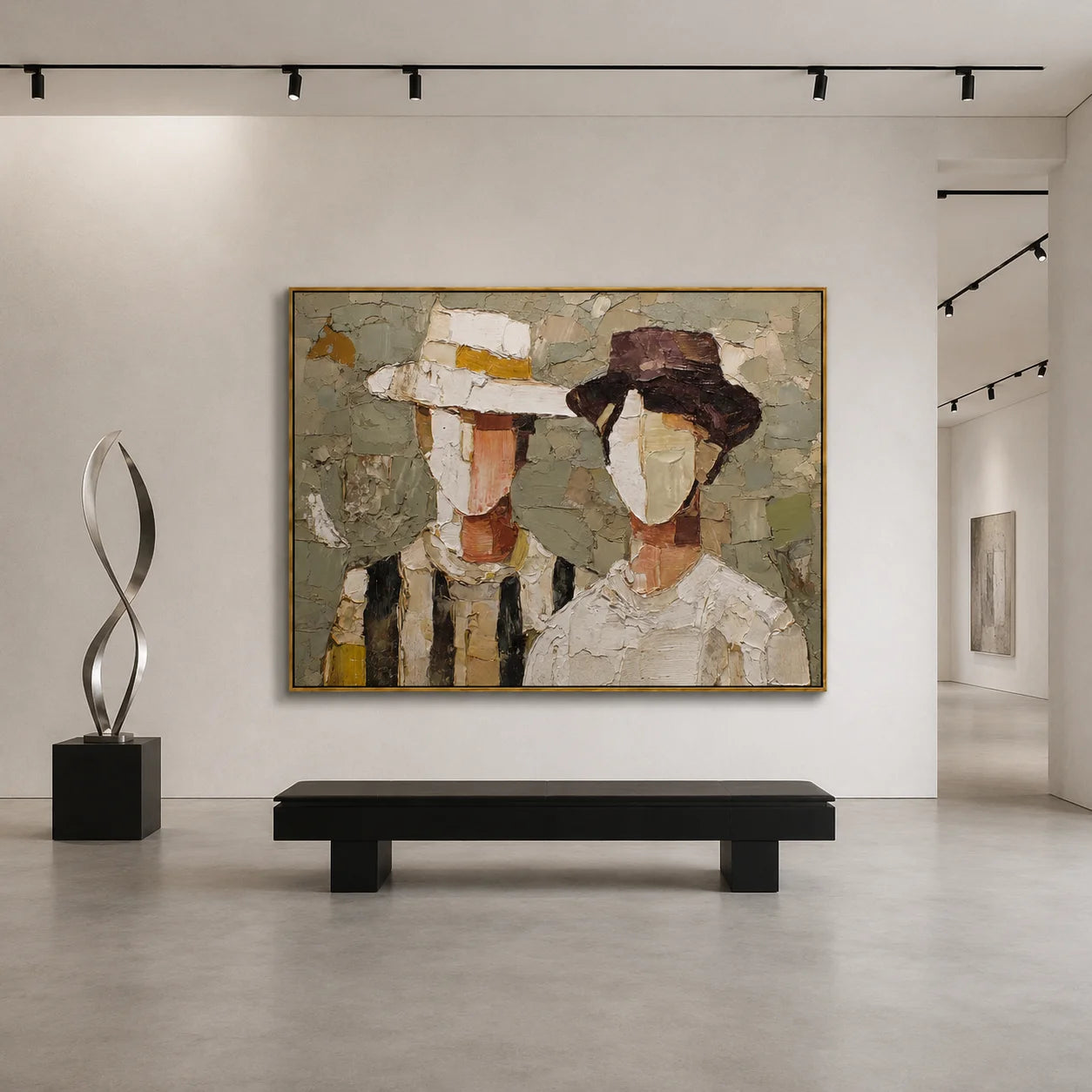 Hand-Painted Couple Hat Portrait Oil Painting | Modern Abstract Figurative Wall Art with Textured Minimalist Style#OA1025