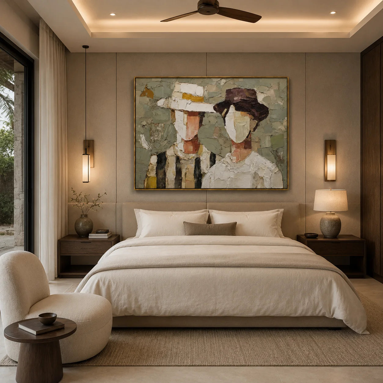 Hand-Painted Couple Hat Portrait Oil Painting | Modern Abstract Figurative Wall Art with Textured Minimalist Style#OA1025