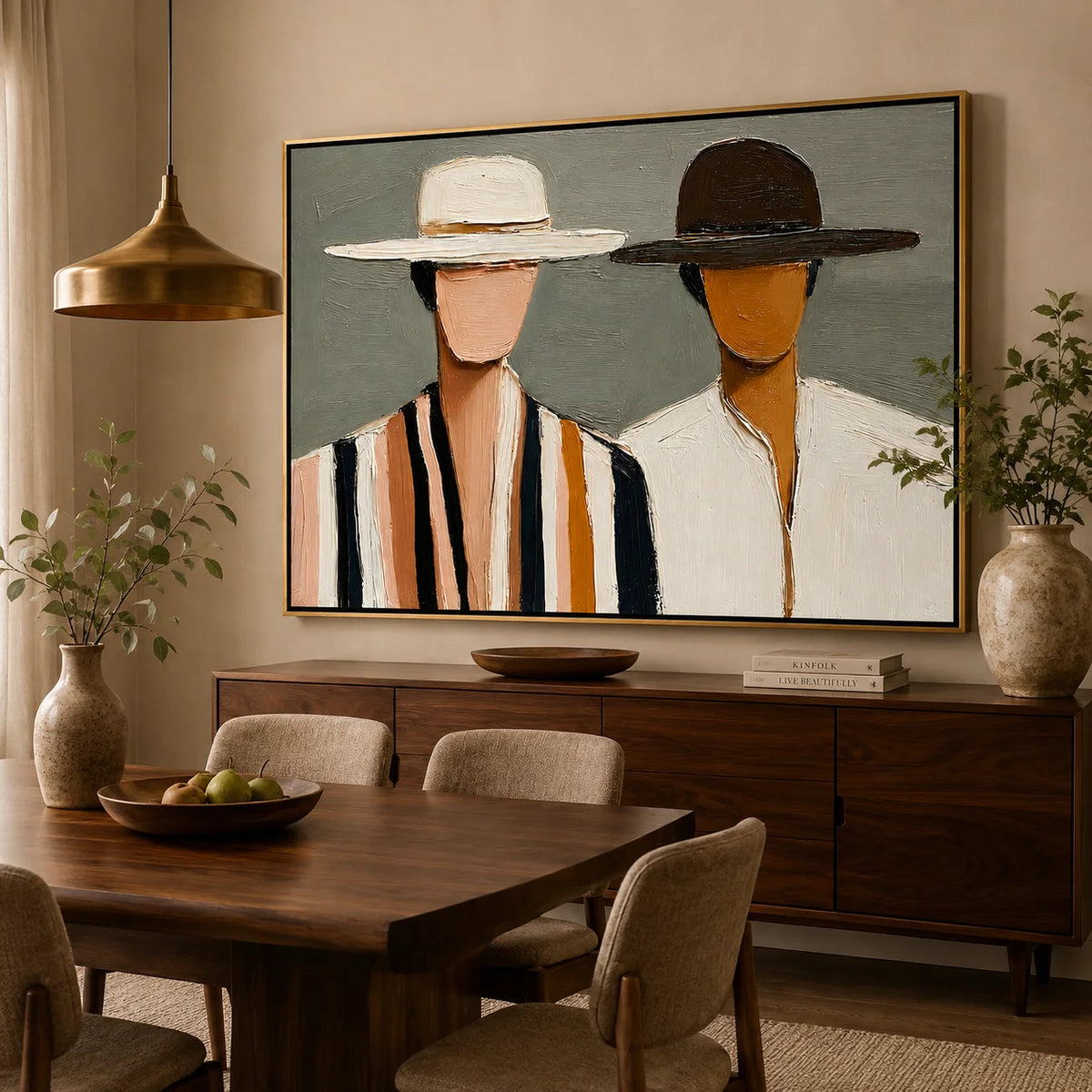 Hand-Painted Couple Portrait Oil Painting, Textured Horizontal Figurative Wall Art for Modern Home Decor