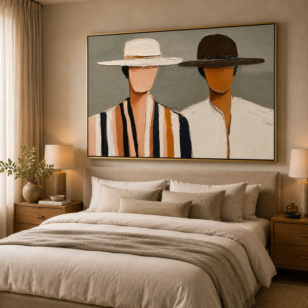 Hand-Painted Couple Portrait Oil Painting, Textured Horizontal Figurative Wall Art for Modern Home Decor