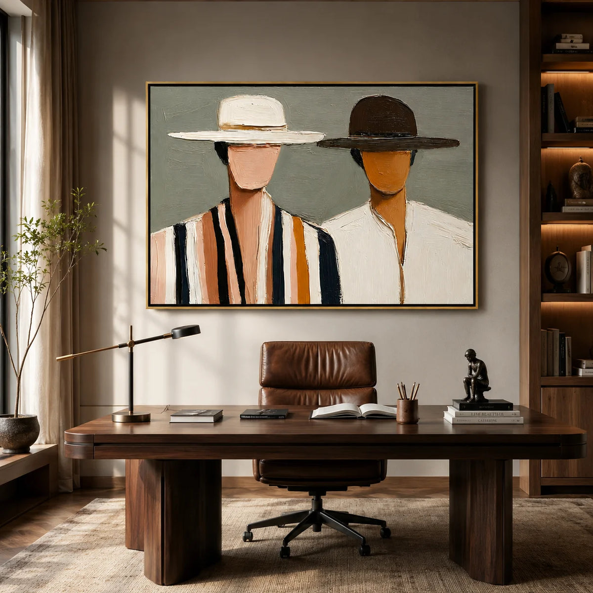 Hand-Painted Couple Portrait Oil Painting, Textured Horizontal Figurative Wall Art for Modern Home Decor