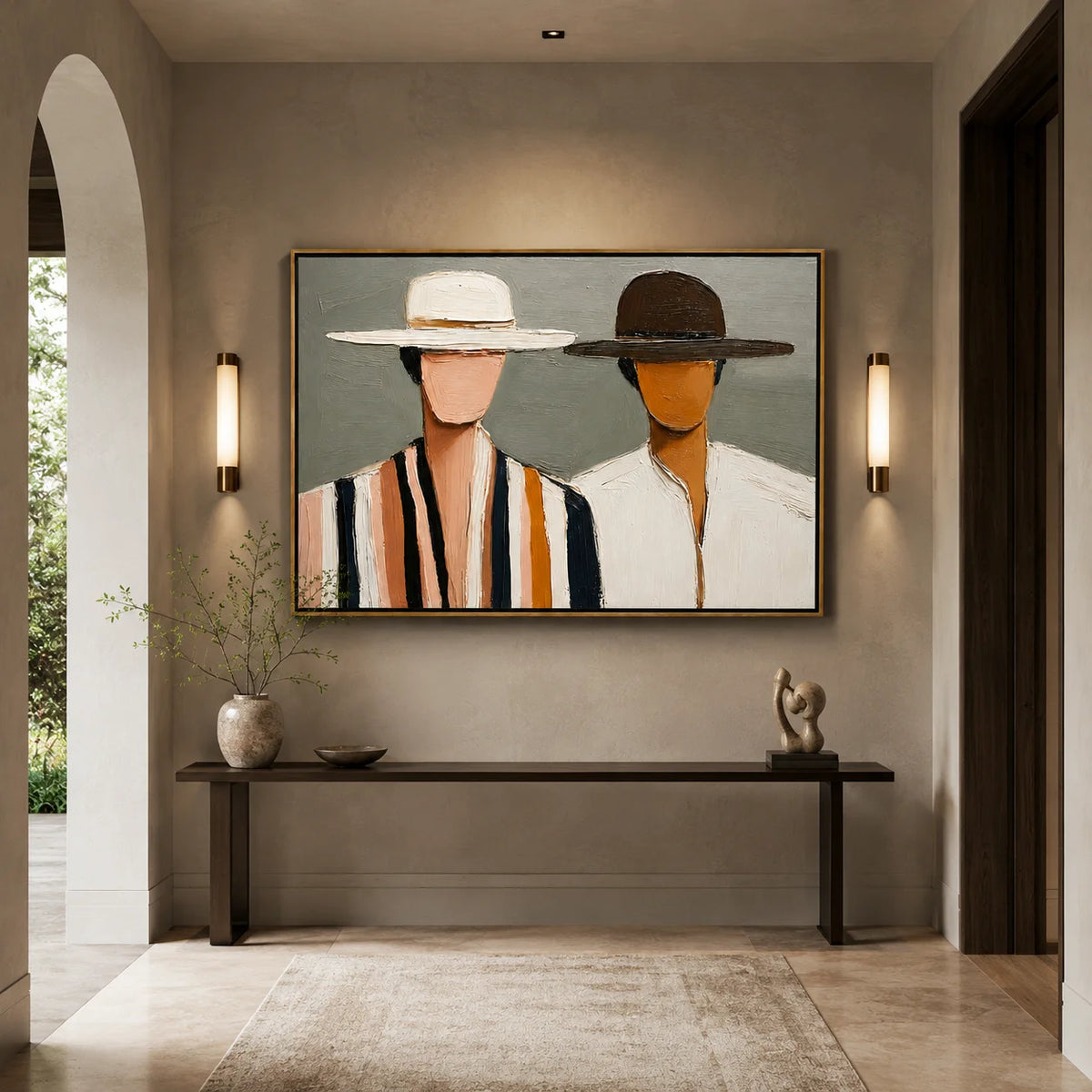 Hand-Painted Couple Portrait Oil Painting, Textured Horizontal Figurative Wall Art for Modern Home Decor