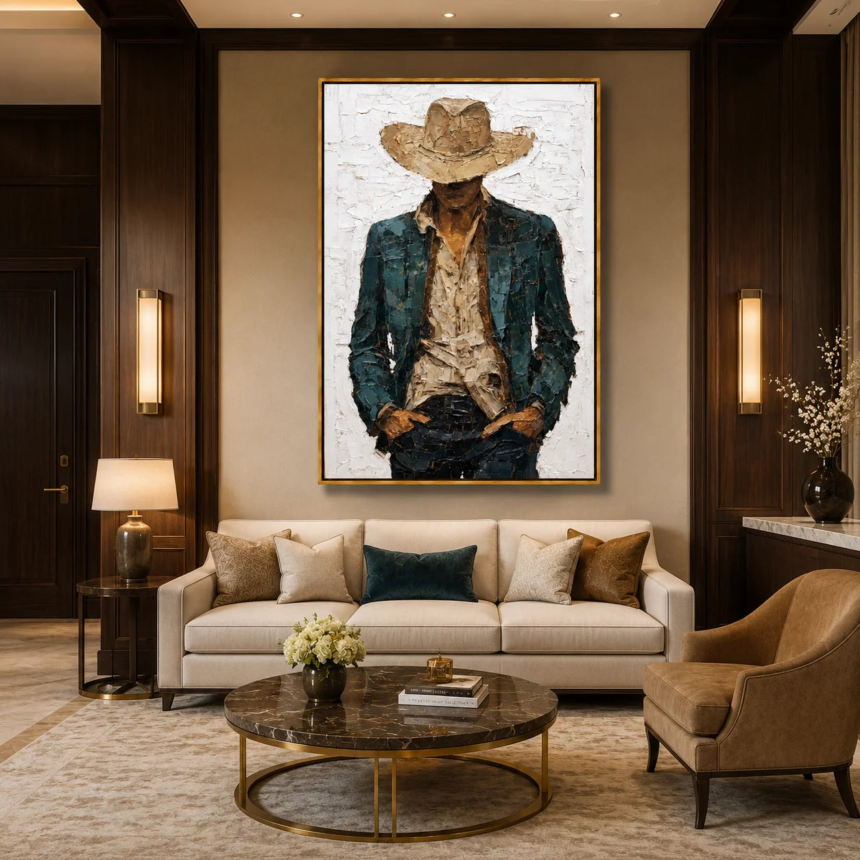 Hand-Painted Cowboy Portrait Oil Painting, Textured Western Figure Wall Art for Modern Rustic Home Decor#OA 0993