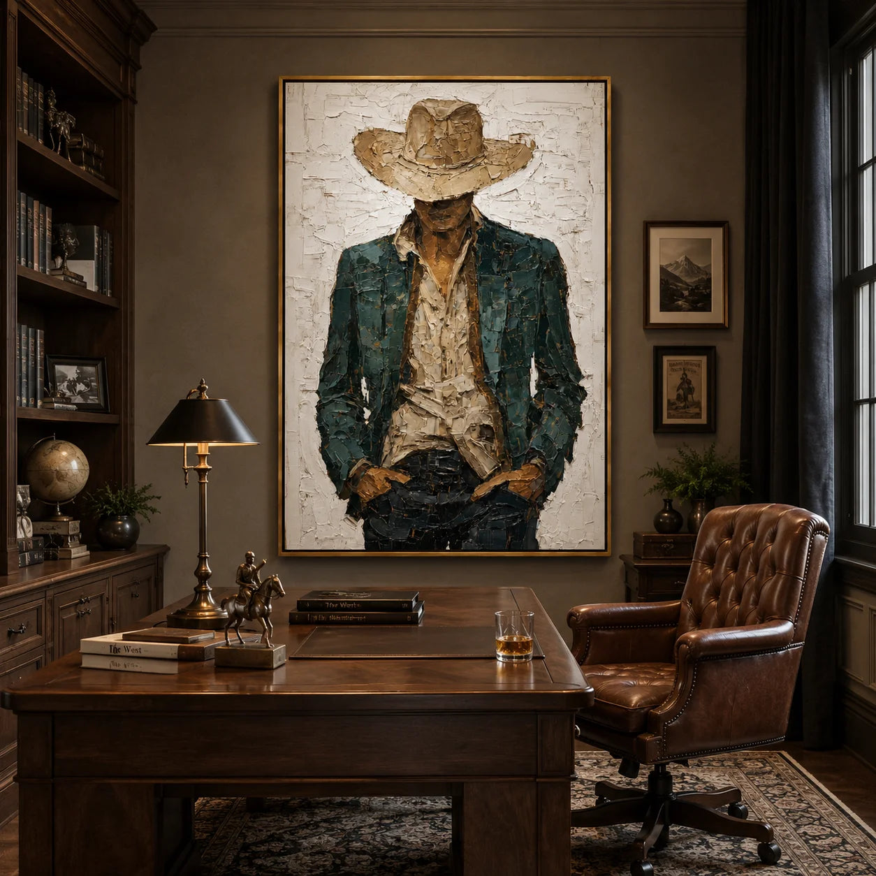 Hand-Painted Cowboy Portrait Oil Painting, Textured Western Figure Wall Art for Modern Rustic Home Decor#OA 0993