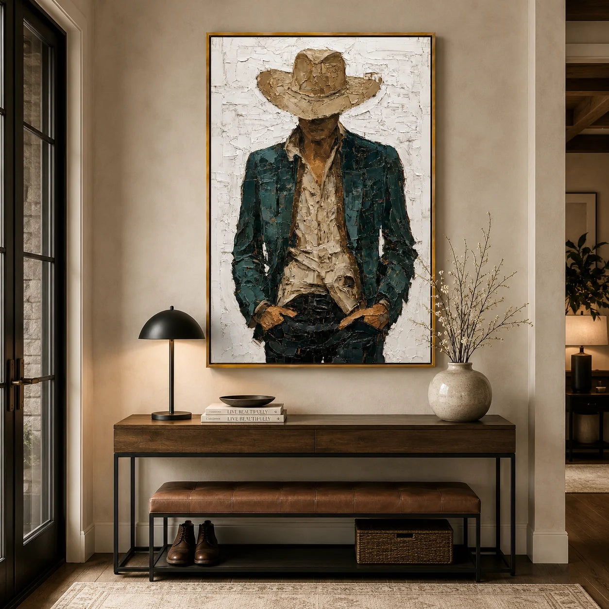 Hand-Painted Cowboy Portrait Oil Painting, Textured Western Figure Wall Art for Modern Rustic Home Decor#OA 0993