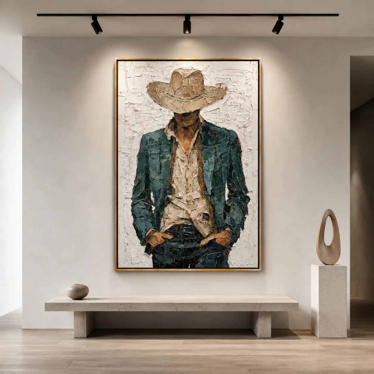 Hand-Painted Cowboy Portrait Oil Painting, Textured Western Figure Wall Art for Modern Rustic Home Decor#OA 0993