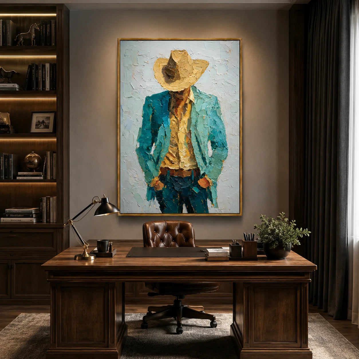Hand-Painted Cowboy Portrait Oil Painting, Textured Western Wall Art for Modern Rustic Home Decor#OA 0994