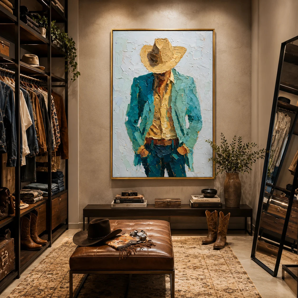 Hand-Painted Cowboy Portrait Oil Painting, Textured Western Wall Art for Modern Rustic Home Decor#OA 0994
