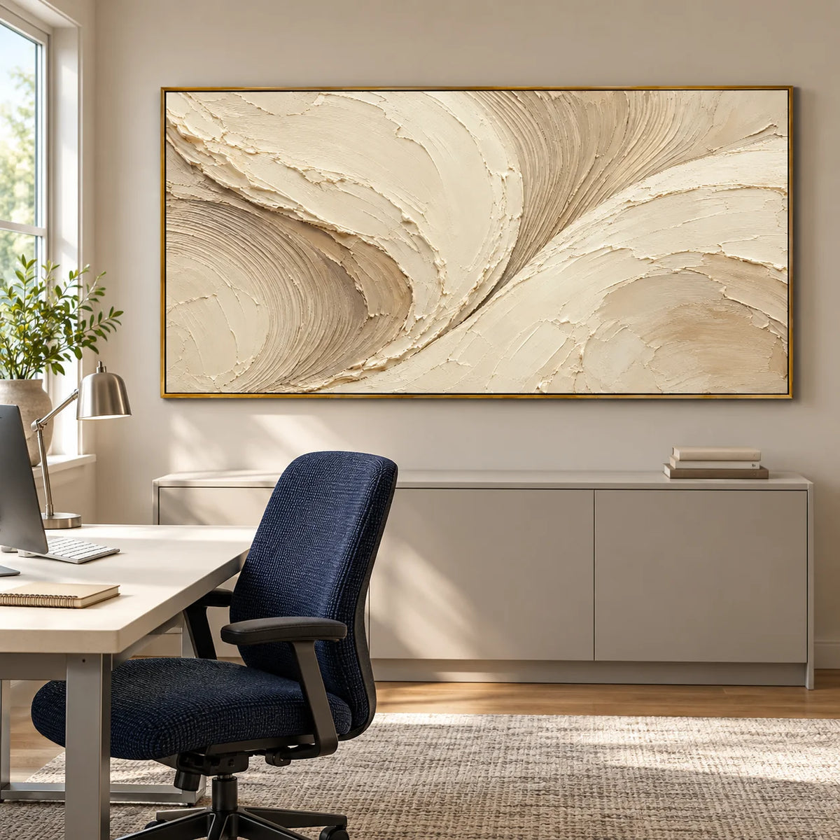 Ownanart Hand-Painted Cream & Beige Abstract Oil Painting – Flowing Curves, Raised Texture & Panoramic Neutral Wall Art