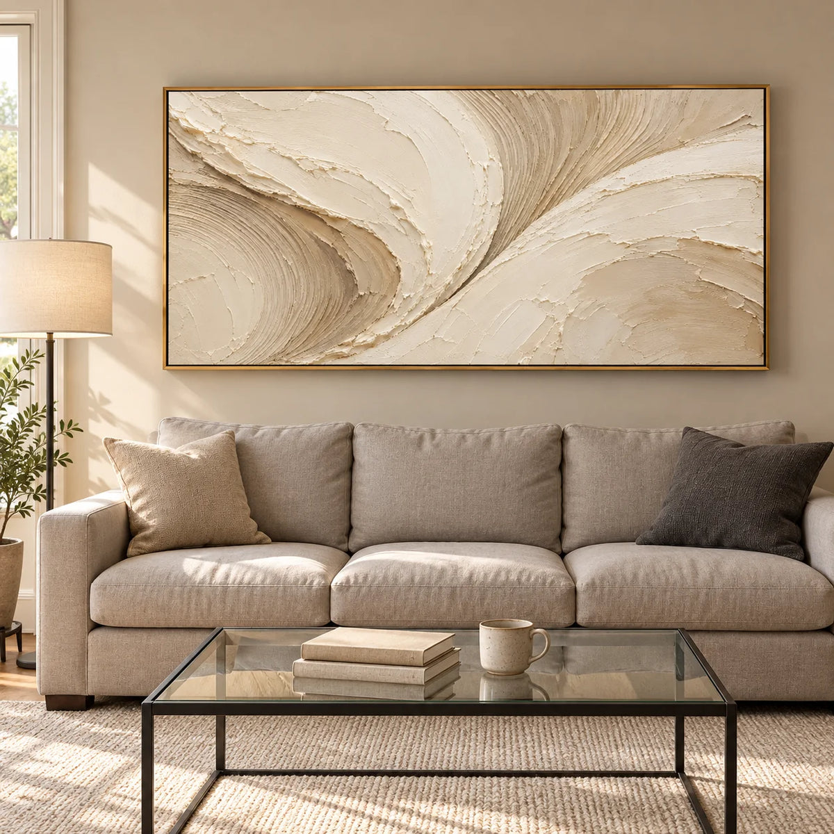 Ownanart Hand-Painted Cream & Beige Abstract Oil Painting – Flowing Curves, Raised Texture & Panoramic Neutral Wall Art
