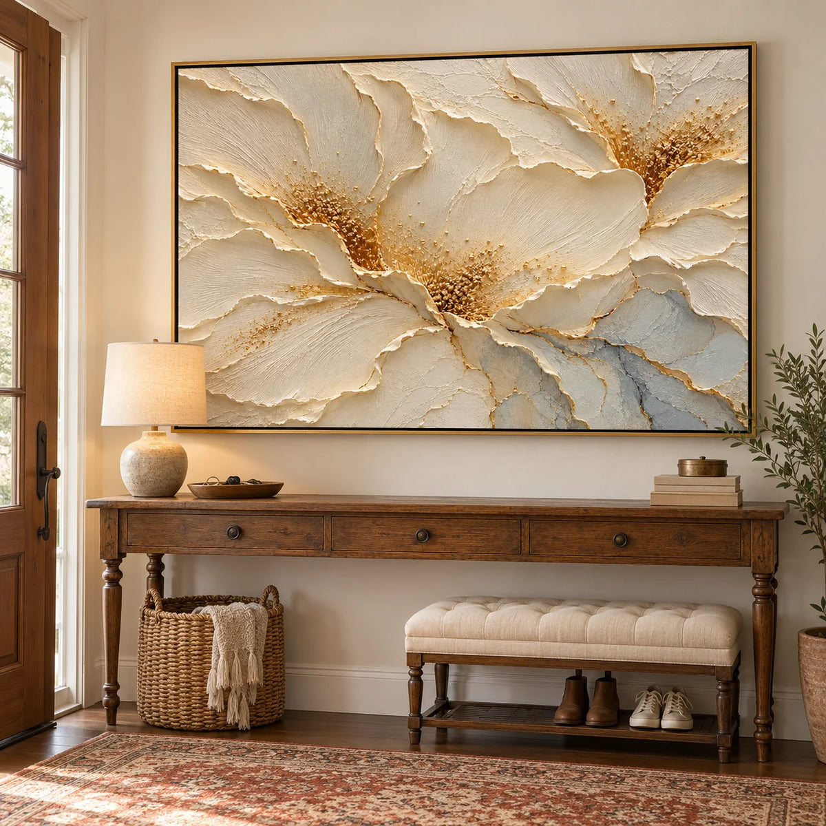 Ownanart Hand-Painted Cream White Floral Oil Painting – Gold Accents and Sculptural Texture Canvas Wall Art